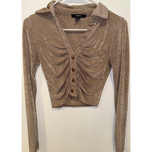 Forever 21 Long Sleeved Button Down Ruffled Gold Sparkle Crop Top - Picture 5 of 16